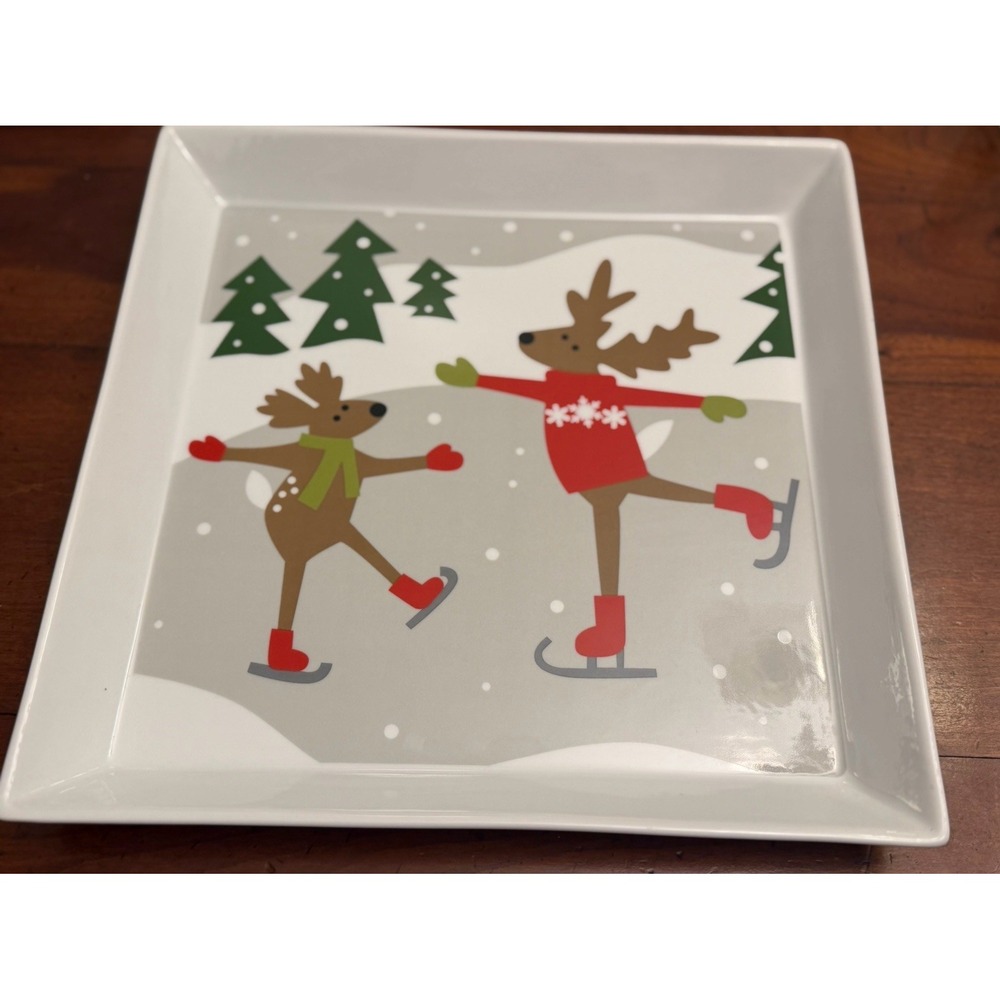 Crate & Barrel Joan Anderson Skating Reindeer 12" Square Christmas Platter Plate
